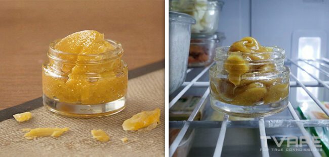 Concentrate storage examples with one side natural and another side in a fridge