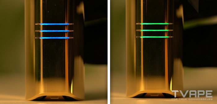 A close-up photo of the Zeus Arc GT4 vaporizer with the LED indicators showing the temperature settings