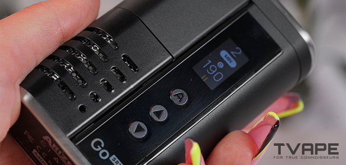 Arizer Go SRT portable vaporizer - a close-up of a woman holding the vaporizer in hand
