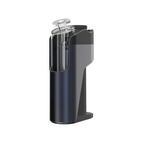 Side-back profile of the Dr. Dabber Switch Go portable E-Rig, showcasing the integrated glass bubbler water filtration attachment safely tucked into the anodized aluminum body shell.