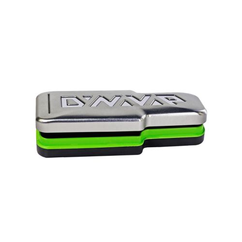 Steel-colored with green touch DynaVap G3 vaporizer case with engraved logo, designed for secure storage of the DynaVap the G3 portable dry herb vaporizer, enhancing durability and portability.