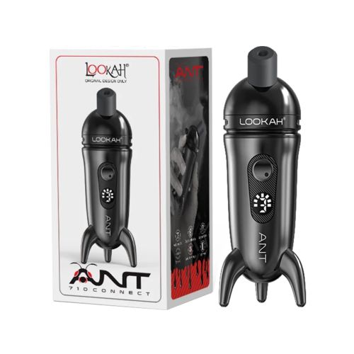 Black Lookah Ant dab pen vaporizer with its unique ant-like design and three legs, shown next to its packaging box.