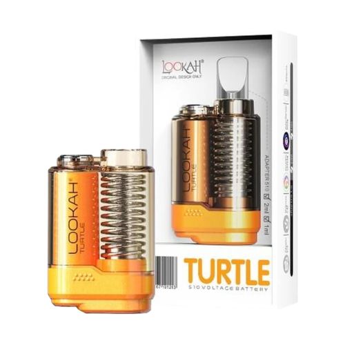 Lookah Turtle 510 thread battery displayed next to its packaging, featuring a compact, turtle-inspired design in transparent orange with a protective magnetic cartridge shell.