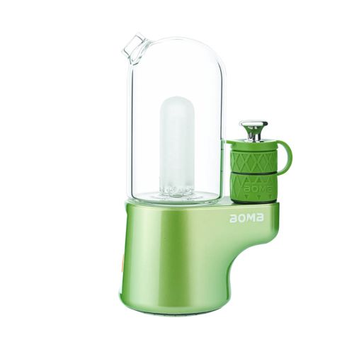 Side view of assembled lime BOMB Magloud E Rig, showing the ergonomic handle and glass piece for efficient concentrate vaporization in a portable electric dab rig setup.