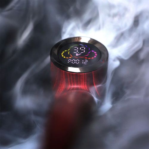 Pulsar 510 DL Wizard Pipe digital display close up with colorful temperature ring surrounded by vapor