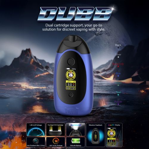 Yocan Dubb 510 thread battery with (blue color option) with all its prominent features listed