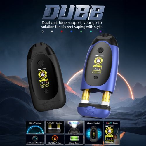 Yocan Dubb dual cartridge vape in black and blue with TFT display. Features 1.8V-4.2V voltage, auto shutdown, 10s preheat, 750mAh battery, vibration feedback, and dual cartridge support.