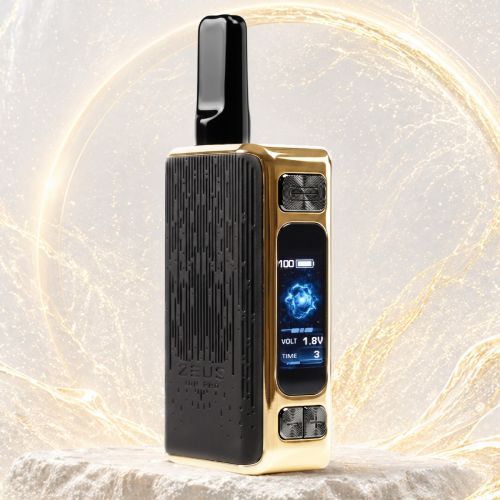 Zeus Ion Pro 510 thread battery in black and gold finish displayed on rocks with golden light halo background