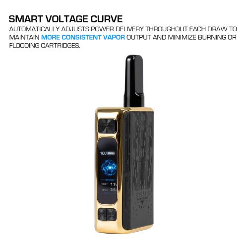 Zeus Ion Pro 510 thread battery side view showcasing Smart Voltage Curve technology for consistent vapor output and superior performance across various 510 thread cartridges