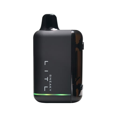 Litl Sneaky 510 thread battery in matte black with a curved, compact shape, green LED indicator, and discreet mouthpiece.