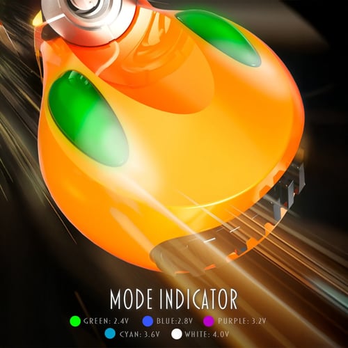 Orange Lookah FF1 510 thread battery with green mode indicators, dynamic light-streaked background, variable voltage settings.