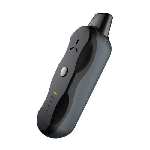 AirVape XS Go dry herb vaporizer angled front view with mouthpiece attached, single-button control and LED strip.