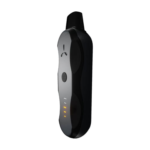 Slim side profile of the AirVape XS Go standing upright, highlighting its curved ergonomic body.