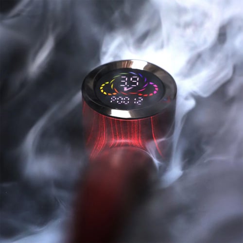 Pulsar 510 DL Wizard Pipe digital display close up with colorful temperature ring surrounded by vapor