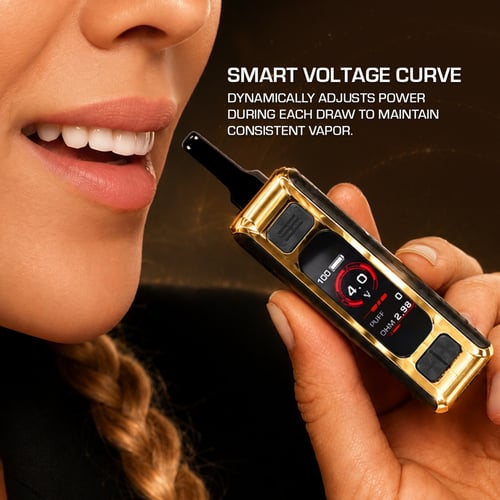 A woman is inhaling from the Zeus Ion Pro 510 thread battery with an explanation of the Smart Voltage Curve - a feature that dynamically adjusts power during each draw to maintain consistent vapor production