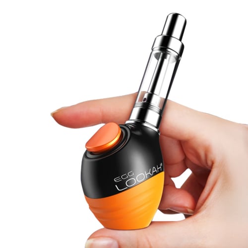 A hand holding a Lookah Egg 510 thread battery, showcasing its orange and black design with a visible button.