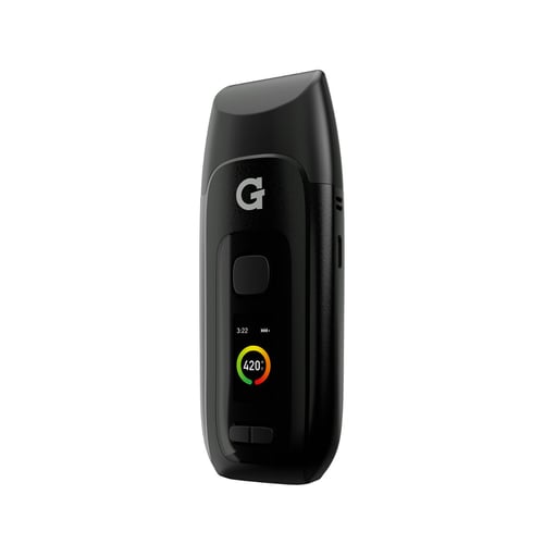 G Pen Dash+ vaporizer - front-side view with the LED screen turned on