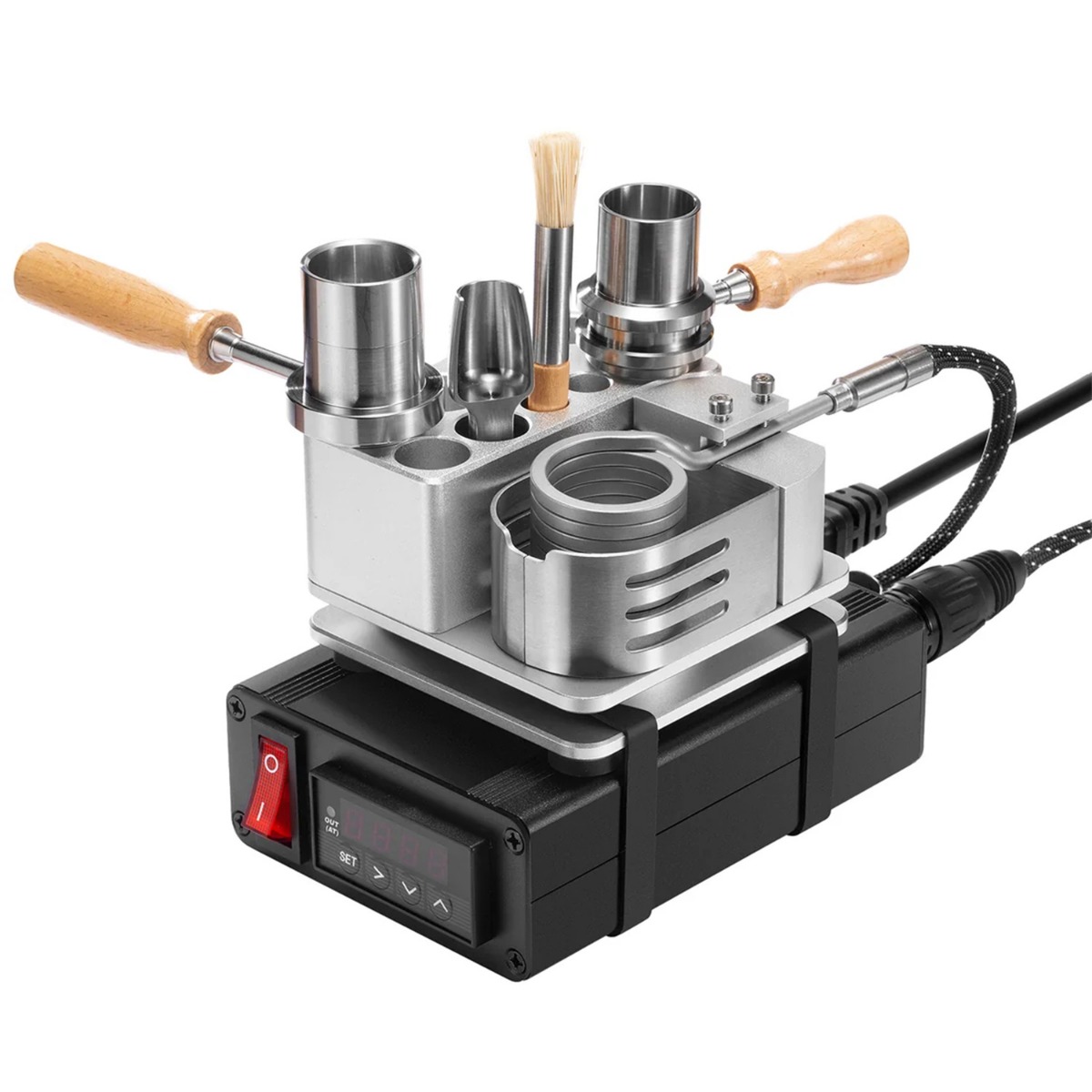 Crossing One Hit Wonder V2 ball vape fully assembled, with the aluminum dock mounted on the PID controller, the wireless heater with wooden handle, and the bowl and brush stored in the dock slots.