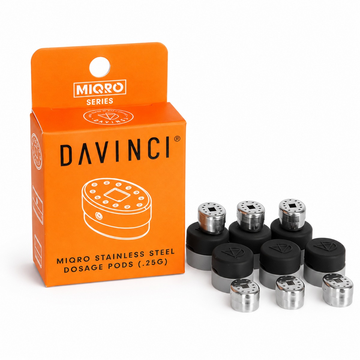 DaVinci MIQRO Dosing Capsules 6-pack with stainless steel capsules and silicone cases beside the packaging