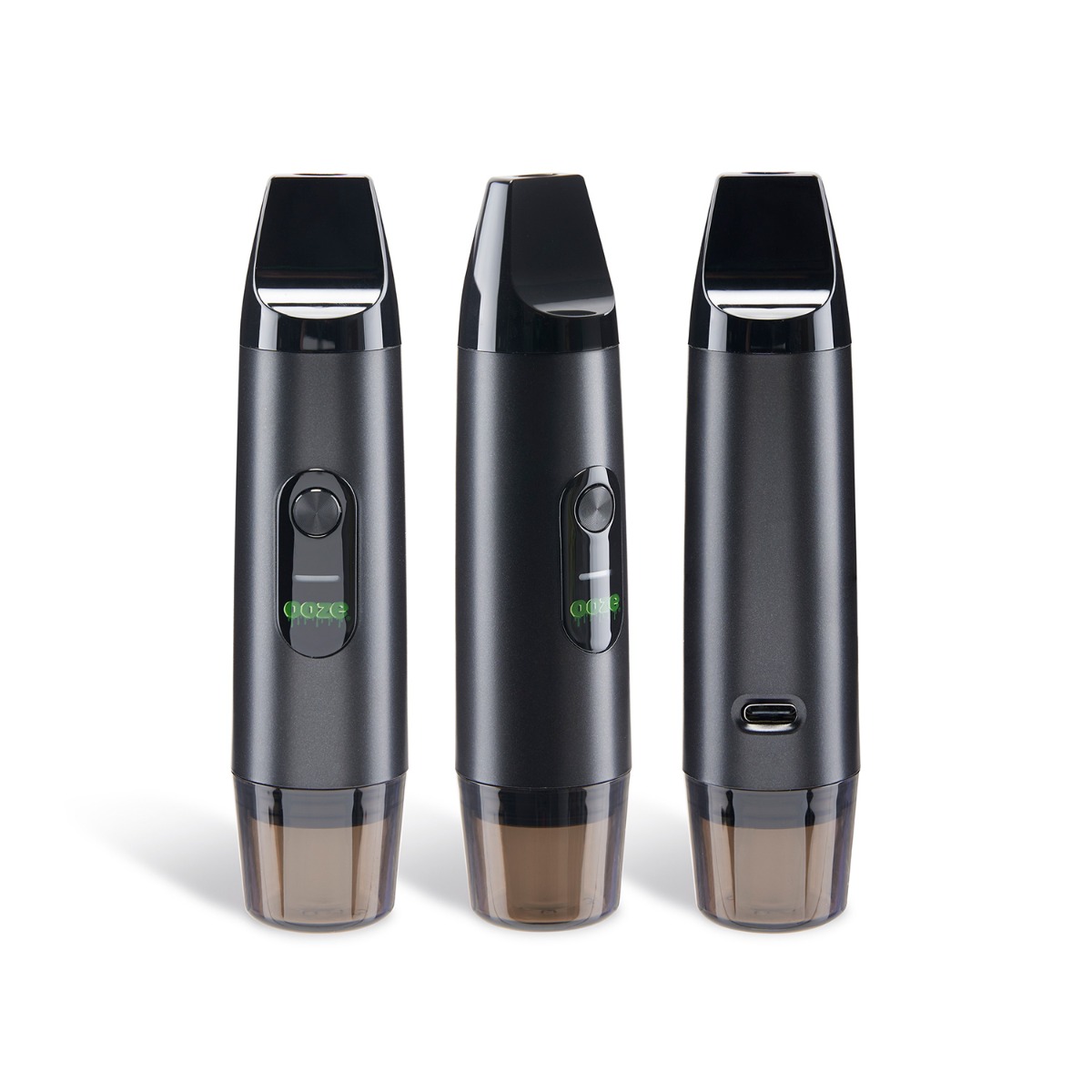 Angled view of the black Ooze Booster vaporizer