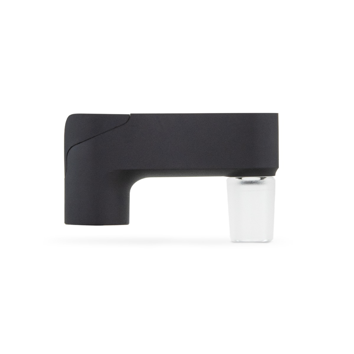 Side view of the Puffco Pivot Glass Adapter featuring a sleek onyx design with a clear glass joint at the bottom.