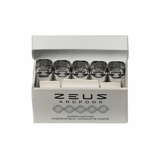 Packaging box of Zeus WaxPods, displaying multiple silver cylindrical pods arranged in a row, with the "Zeus Arcpods" logo visible on the front.