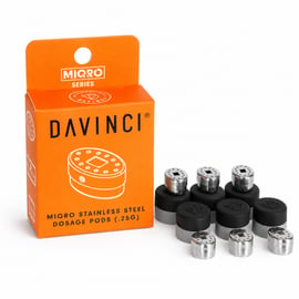 DaVinci MIQRO Dosing Capsules 6-pack with stainless steel capsules and silicone cases beside the packaging