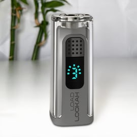 Elegant silver Lookah Load 510 battery on minimalist white background, high-resolution view with glowing blue battery indicator for discreet, efficient oil cartridge use.