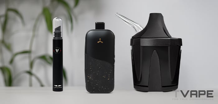 AirVape Legacy Pro 2 vaporizer is shown with Zeus Iceborn vapor cooling accessory and Utillian Hot Wax Axe for easy concentrate loading in wax mode