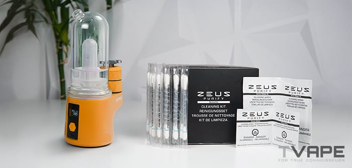 Bomb Sykloud E Rig is shown with Zeus Purify cleaning solution - cleaning accessories that help maintaining the vaporizer in a top condition