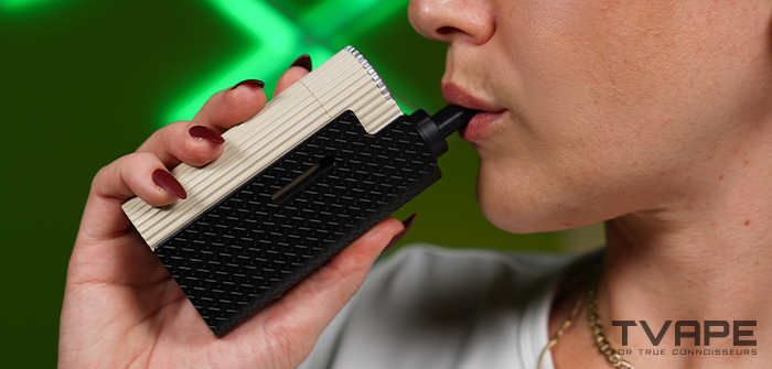 Limelight Frolic dry herb vaporizer being used by a woman in a lifestyle setting