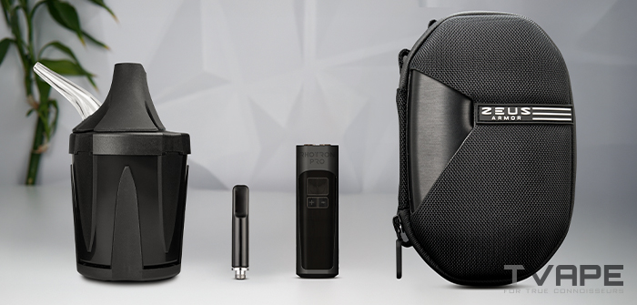 Tronian Rhotron Pro 510 thread battery shown with accessories, like Zeus Iceborn, Zeus Armor and Litl Heat