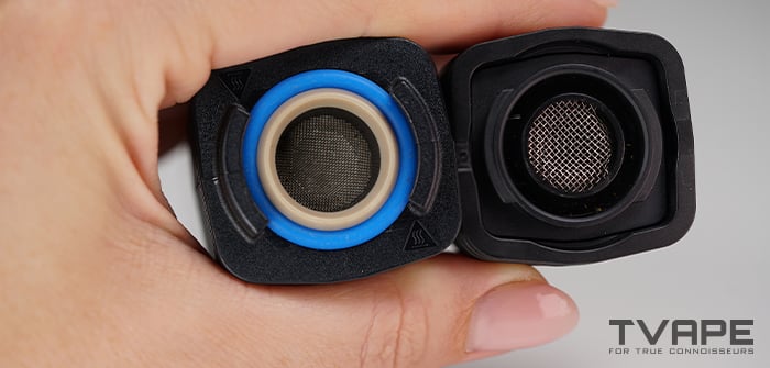 A close-up view of the heating chamber of the Veazy Vaporizer by Storz and Bickel