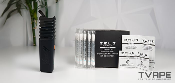 Veazy vaporizer is shown with the Zeus Purify cleaning kit - cleaning accessory that helps maintaining the vaporizer in a top condition