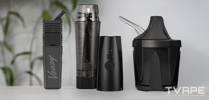 Veazy vaporizer is shown with the Zeus Iceborn, Zeus Xtruder E-Module - dry herb vaporizer accessories that help grinding the herb automatically and cool the vapor