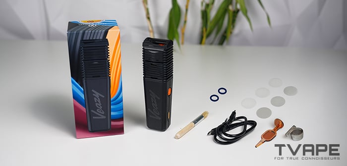 Veazy vaporizer - a dry herb vaporizer by storz and bickel is shown with the whole packaging content
