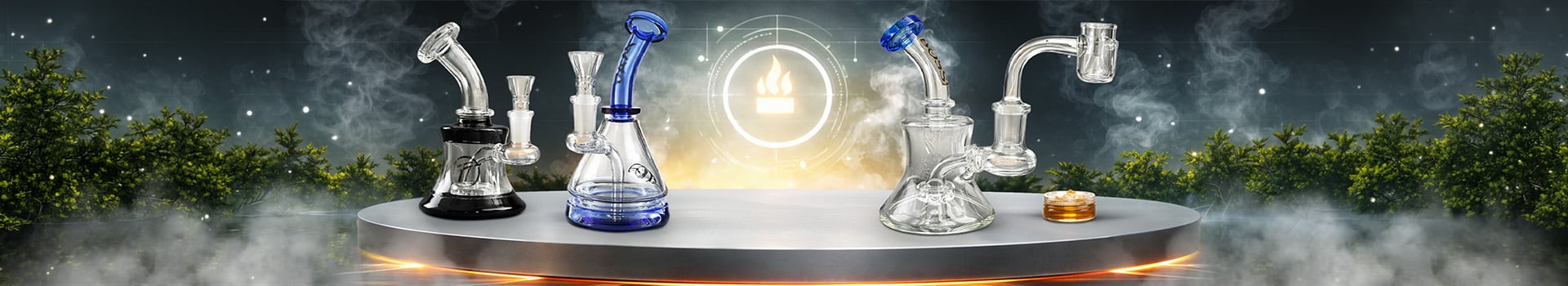 Collection of glass dab rigs with quartz bangers for concentrate dabbing