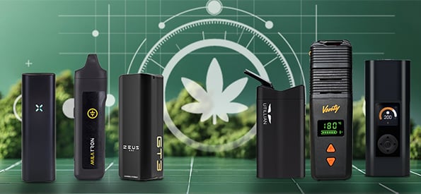 Portable vaporisers for dry herbs and travel use including Pax Flow, Tronian Milatron, Zeus Arc GT3, Utillian 723, Venty vaporizer, and Arizer Solo 3, compact and handheld designs for on-the-go vaping, displayed on green background