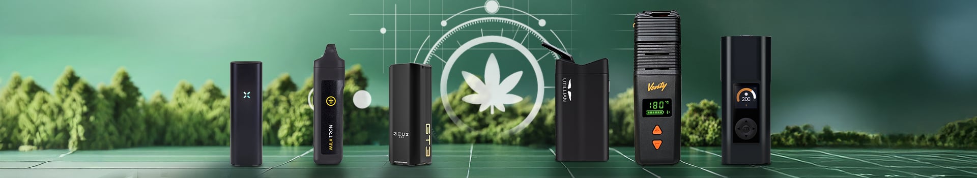 Portable vaporisers for dry herbs and travel use including Pax Flow, Tronian Milatron, Zeus Arc GT3, Utillian 723, Venty vaporizer, and Arizer Solo 3, compact and handheld designs for on-the-go vaping, displayed on green background