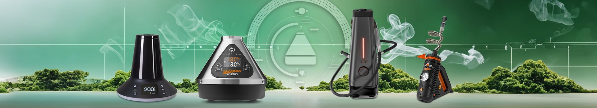 High-performance desktop vaporisers for dry herbs including Arizer XQ2 with balloon and whip system, Volcano Hybrid with dual inhalation modes, AirVape Enso Shisha hookah-style vaporizer, and Storz & Bickel Plenty handheld desktop vaporiser, featuring convection heating and precise temperature control