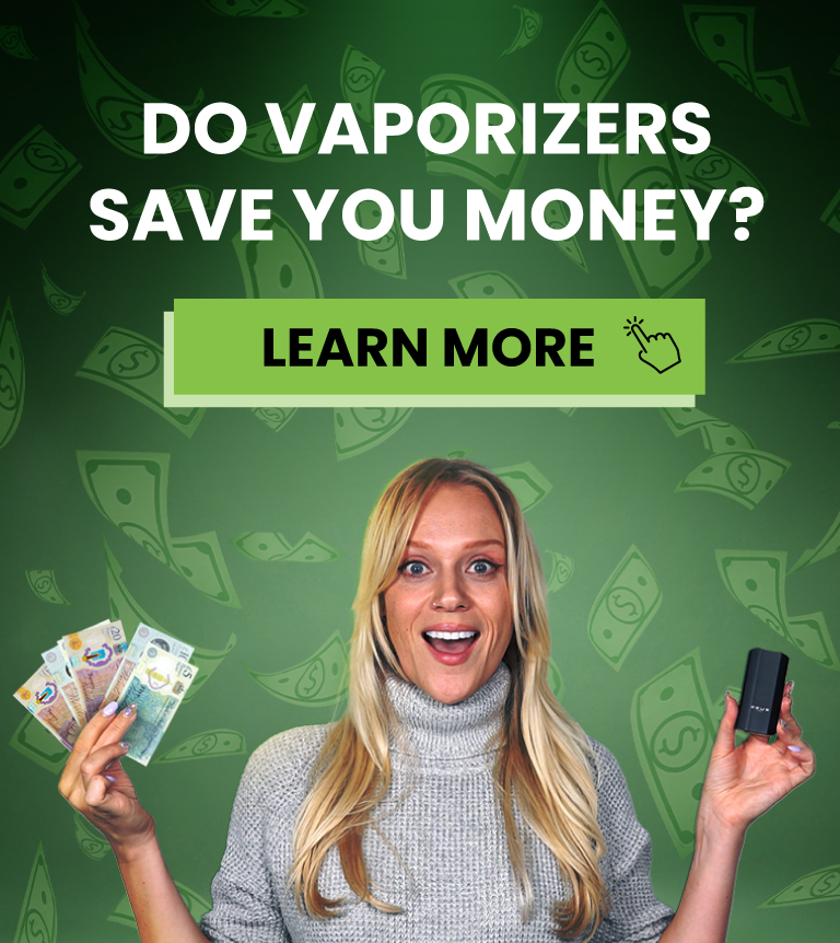 Smiling Woman with Vape & Savings - Affordable Dry Herb Vaporizers