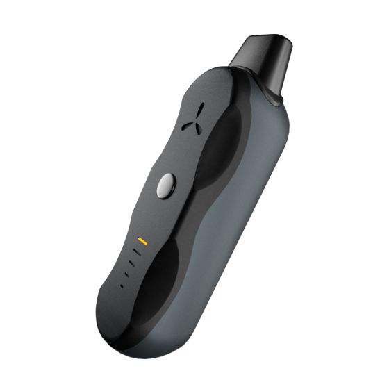 AirVape XS Go dry herb vaporizer angled front view with mouthpiece attached, single-button control and LED strip.