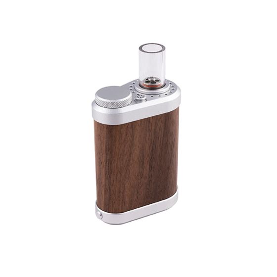 Tinymight 2 vaporizer with a wooden body and metal accents, featuring a glass mouthpiece and control dial on the top.