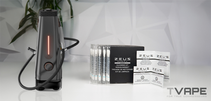 AirVape Enso electric shisha displayed beside the ZEUS Purify cleaning kit with cotton swabs and alcohol cleaning wipes