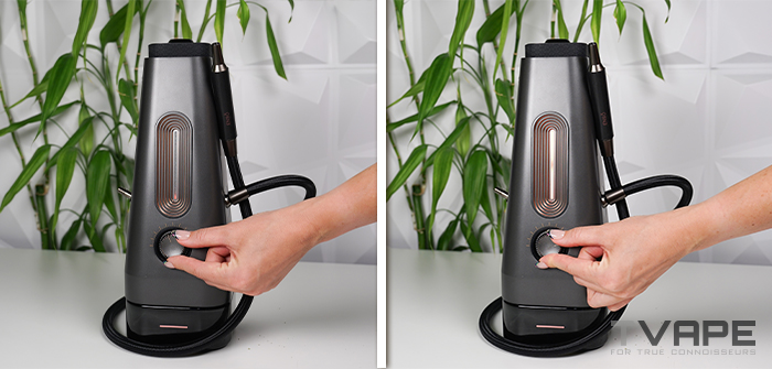Two side-by-side views of a hand turning the temperature dial on the AirVape Enso, with the front LED light bar glowing brighter as the heat setting increases