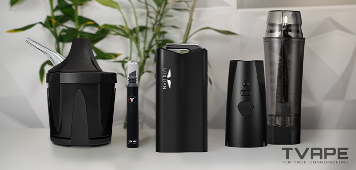 Utillian 850 dry herb vaporizer alongside compatible accessories: Zeus Iceborn vapor cooler, Utillian Hot Wax Axe heated dab tool, Zeus Xtruder herb grinder, and Xtruder E-Module