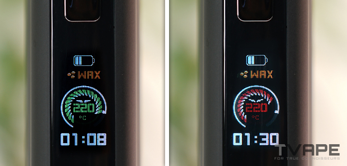 Utillian 850 portable vaporizer full color LCD showing wax mode temperature set to 220°C during a session